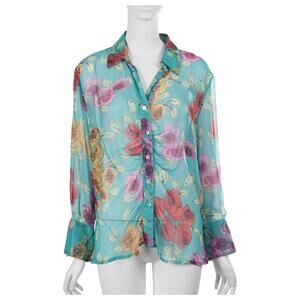 VINTAGE Tess Women Top 16 Silk Sheer Floral Print Button Up Collared Long Sleeve